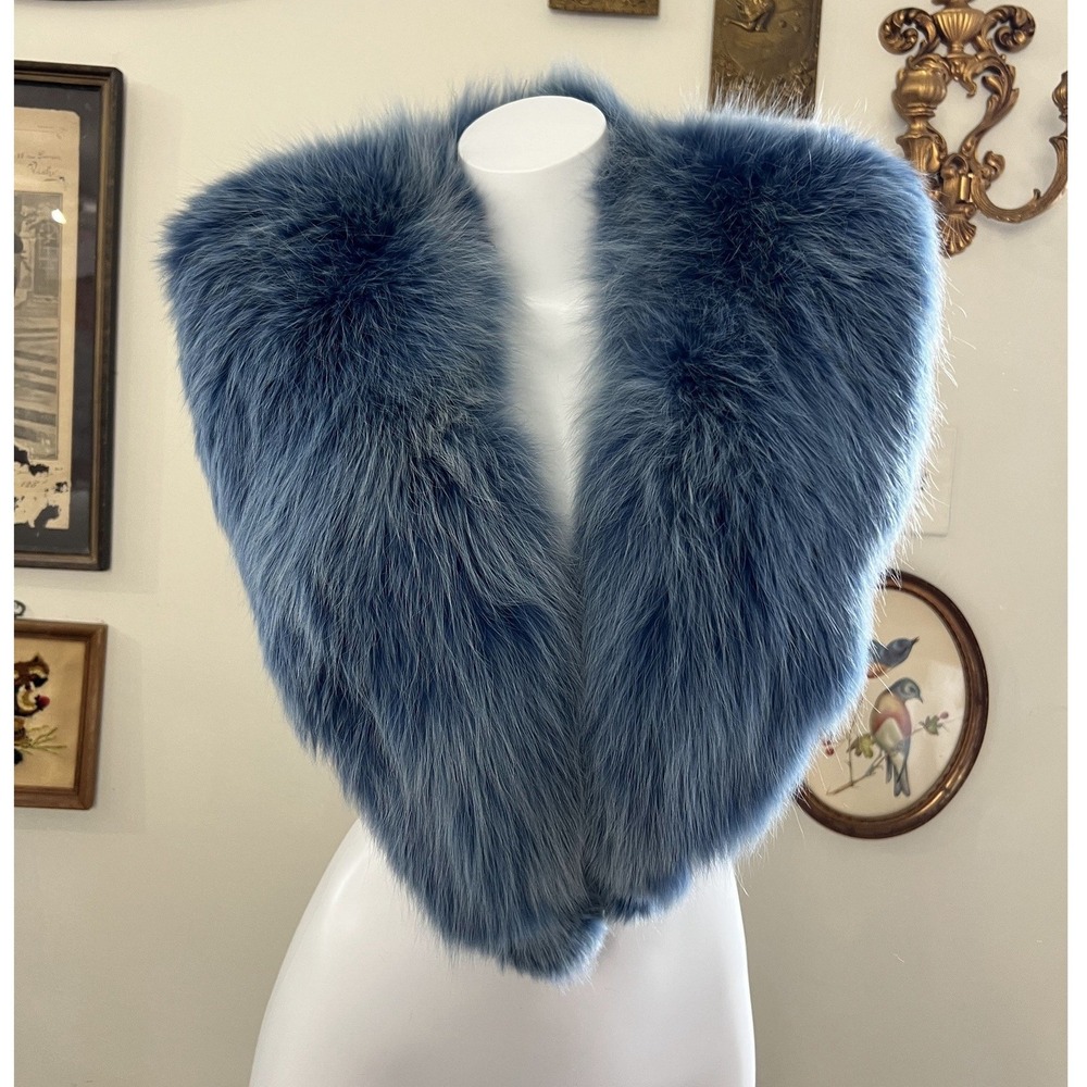 Vintage Blue Fox Fur Collar Stole Scarf with Purple Satin Lining